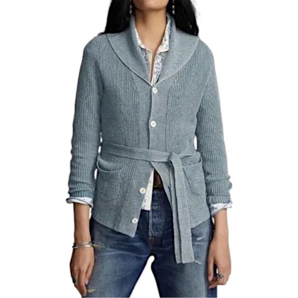 NWT RRL Double RL Ralph Lauren belted Shawl Collar Cardigan Sweater Indigo